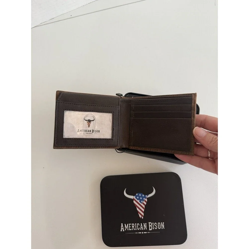 American Bison Men's Bison Head Concho Bifold Brown Leather Wallet NIB Tooled